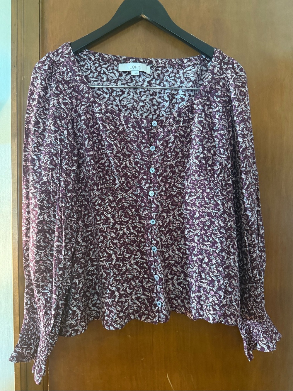LOFT Burgundy and Cream Floral Button-Front Blouse